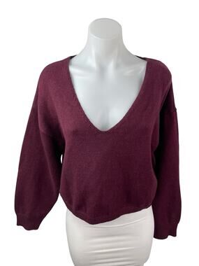 Sunday Stevens Women's Red Maroon V Neck Long Sleeve Cropped Sweater Top Size S